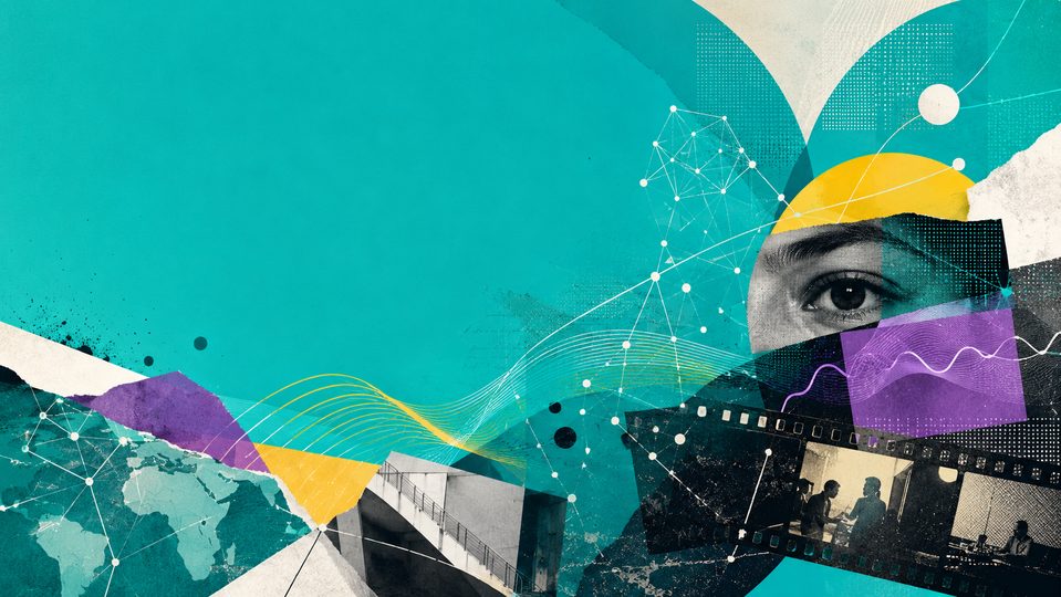 A collage of Mexican landscapes, textiles, and digital technology imagery