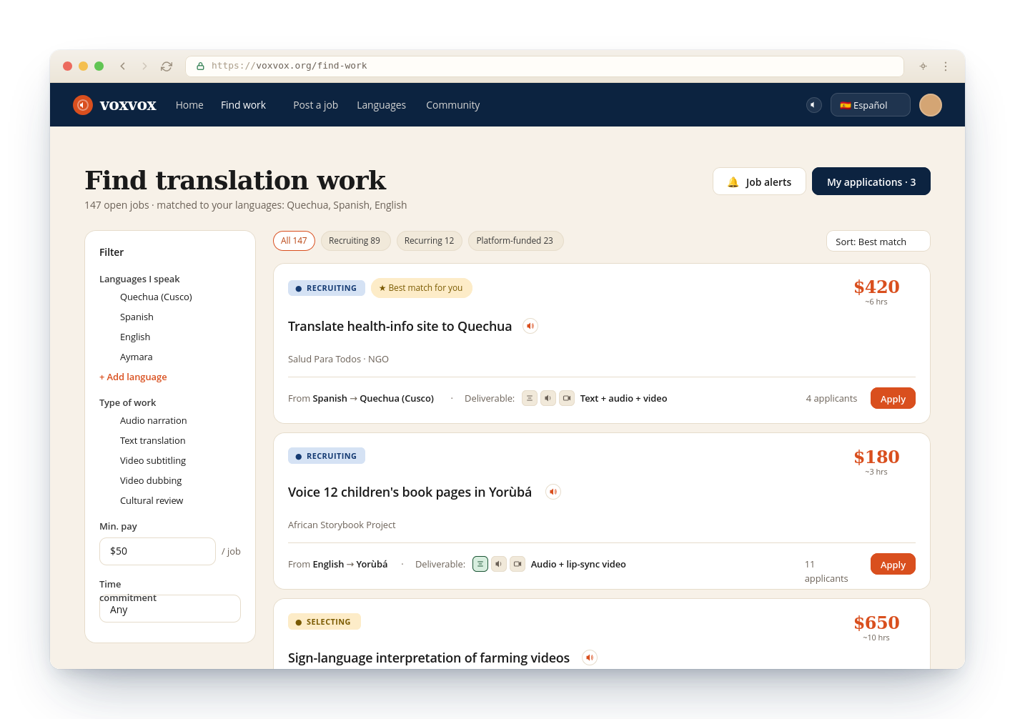 VoxVox prototype screen showing open translation jobs, budgets, and deliverable filters.