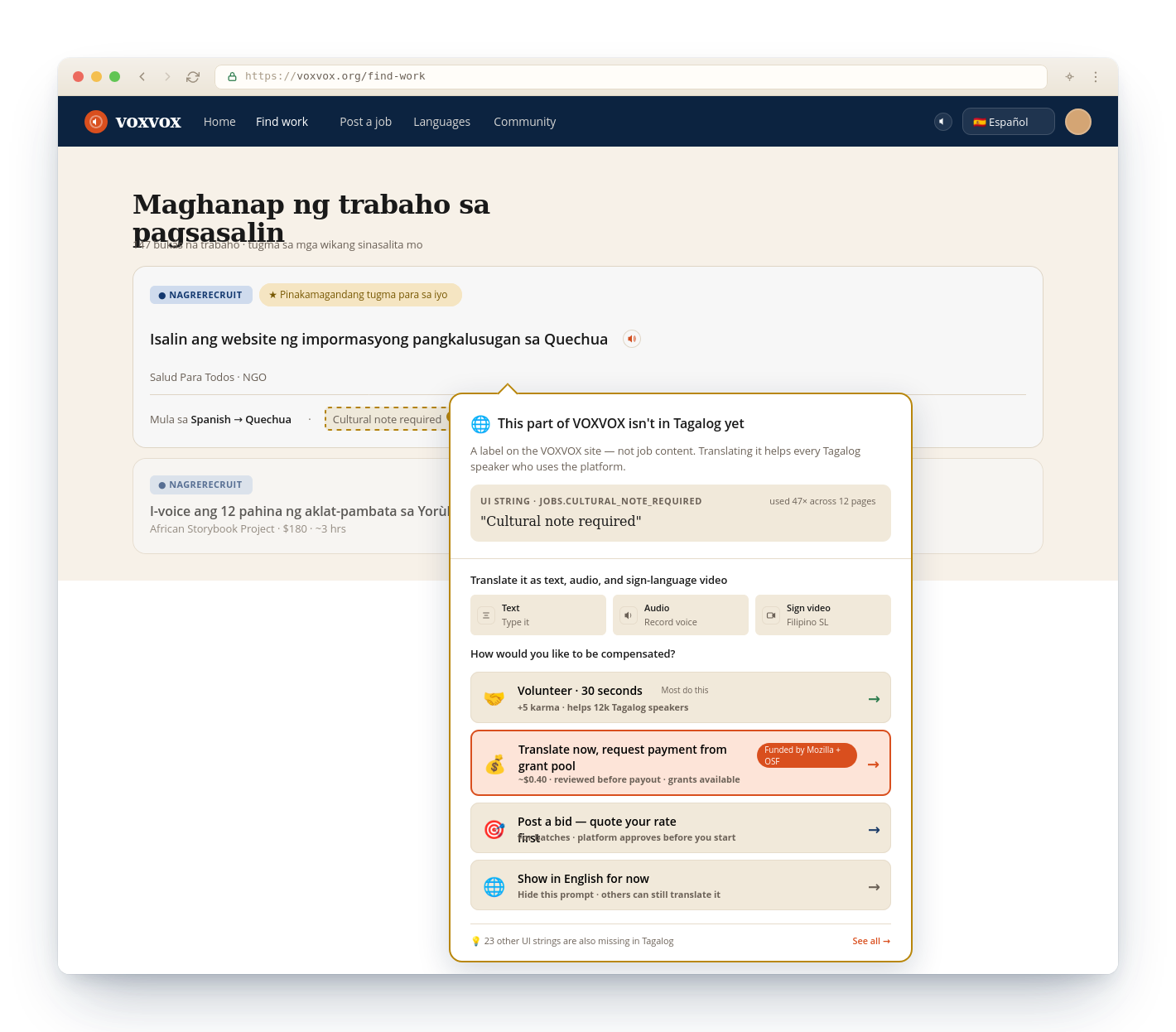 VoxVox prototype screen showing a missing UI translation prompt that turns product localization into paid work.